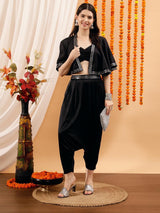 Women's Black Shoulder Straps Crop Top With Dhoti Pant & Jacket