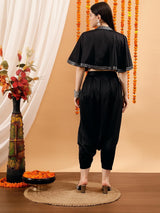 Women's Black Shoulder Straps Crop Top With Dhoti Pant & Jacket