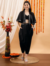 Women's Black Shoulder Straps Crop Top With Dhoti Pant & Jacket