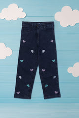 Girls Blue Straight Fit Heart Embroidery Jeans