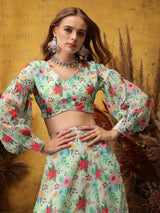 Women's Multicolor Floral Printed V-Neck Top & Skirt
