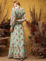 Women's Multicolor Floral Printed V-Neck Top & Skirt