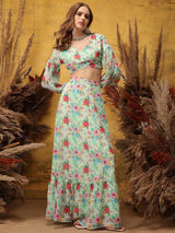 Women's Multicolor Floral Printed V-Neck Top & Skirt