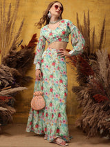 Women's Multicolor Floral Printed V-Neck Top & Skirt