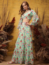 Women's Multicolor Floral Printed V-Neck Top & Skirt