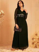 Women's Green Embellished Fit & Flared Maxi Ethnic Dress