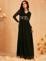 Women's Green Embellished Fit & Flared Maxi Ethnic Dress