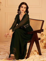 Women's Green Embellished Fit & Flared Maxi Ethnic Dress