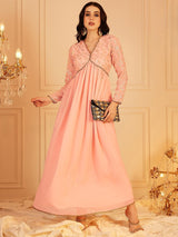 Women's Pink Embellished Sequinned Empire Maxi Ethnic Dress