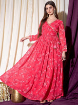 Women's Red Floral Printed Lace & Tie Up Maxi Ethnic Dress