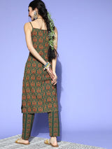 Women's Green Ethnic Motifs Printed Pure Cotton Kurta With Trouser