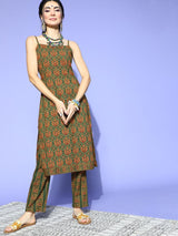 Women's Green Ethnic Motifs Printed Pure Cotton Kurta With Trouser