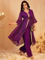 Women's Purple Geometric Printed V-Neck Flared Sleeves High Slit A-Line Kurta & Palazzo
