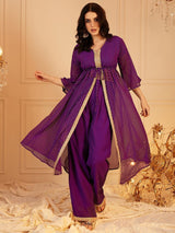 Women's Purple Printed V-Neck Tunic With Trouser Co-ords Set