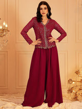 Women's Red Embordered Top With Palazoo Co-ords Set