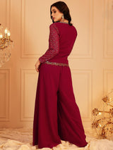 Women's Red Embellished V-Neck Top With Palazzo
