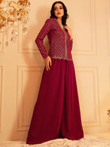 Women's Red Embordered Top With Palazoo Co-ords Set