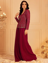Women's Red Embordered Top With Palazoo Co-ords Set