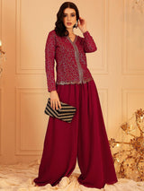 Women's Red Embellished V-Neck Top With Palazzo