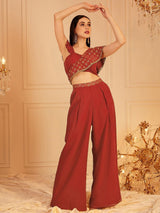 Women's Red Square Neck Sleeveless Embellished Top & Palazzo