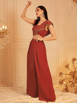 Women's Red Square Neck Sleeveless Embellished Top & Palazzo