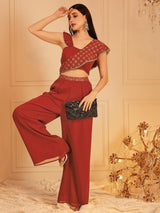 Women's Red Square Neck Sleeveless Embellished Top & Palazzo