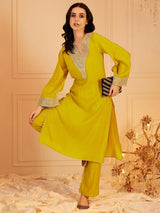 Women's Yellow Ethnic Motifs Yoke Design Flared Sleeves Sequinned Straight Kurta with Trouser