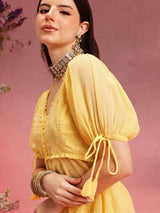 Women's Yellow Ethnic Motifs Embroidered V-Neck Sequinned Straight Kurta With Palazzo
