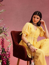 Women's Yellow Ethnic Motifs Embroidered V-Neck Sequinned Straight Kurta With Palazzo