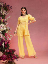 Women's Yellow Ethnic Motifs Embroidered V-Neck Sequinned Straight Kurta With Palazzo
