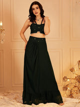 Women's Green Embellished Shoulder Strap Neck Top & Skirt with Shrug