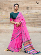 Women's Pink Handloom Cotton Saree