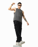 Men's Black Baggy Fit Cargo Mid-Rise Jeans