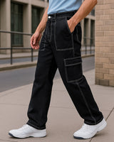 Men's Black Baggy Fit Cargo Mid-Rise Jeans
