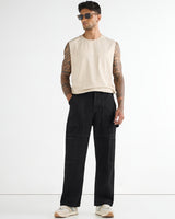 Men's Black Washed Baggy Fit Carpenter Mid-Rise Jeans