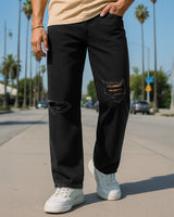 Men's Black Baggy Fit Distressed Mid-Rise Jeans