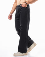 Men's Black Baggy Fit Distressed Mid-Rise Jeans