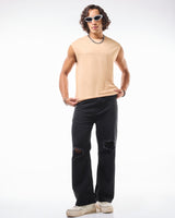 Men's Black Baggy Fit Distressed Mid-Rise Jeans