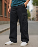 Men's Black Baggy Fit Cargo Mid-Rise Jeans