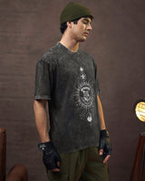 Men's Black Crest Mark Graphic Printed Oversized Acid Wash Tshirt
