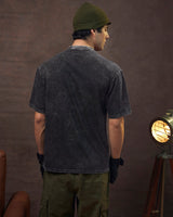 Men's Black Crest Mark Graphic Printed Oversized Acid Wash Tshirt