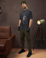 Men's Black Crest Mark Graphic Printed Oversized Acid Wash Tshirt
