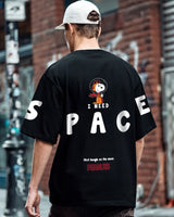 Men's Black Need Space Snoopy Graphic Printed Oversized FIt Tshirt