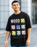 Men's Black Snoopy Mood Graphic Printed Oversized Tshirt