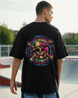 Men's Black Straw Hat Crew Graphic Printed Oversized Tshirt