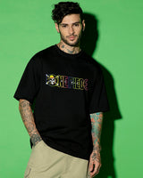 Men's Black Straw Hat Crew Graphic Printed Oversized Tshirt