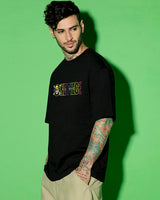 Men's Black Straw Hat Crew Graphic Printed Oversized Tshirt
