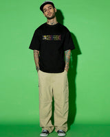Men's Black Straw Hat Crew Graphic Printed Oversized Tshirt