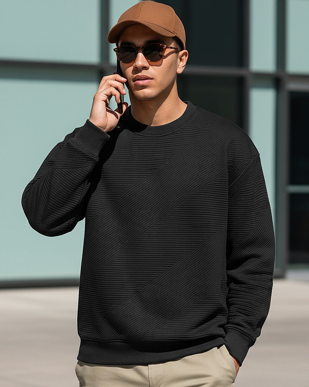 Men's Black Textured Oversized Full Sleeves Sweatshirt