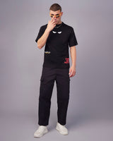 Men's Black Villan-Con Typography Oversized Tshirt